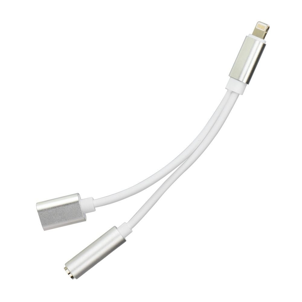Adapter AUX 2w1 Lightning (męski) do Lightning (żeński) / Jack 3,5 mm (żeński) srebrny