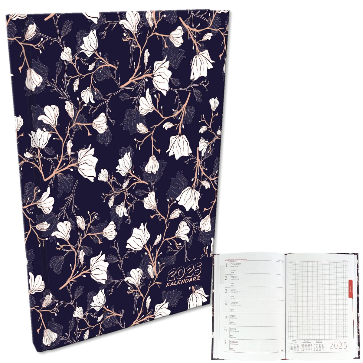 Kalendarz 2025 Książkowy Tygodniowy A5 Notatka Soft Touch Magnolie Darkblue