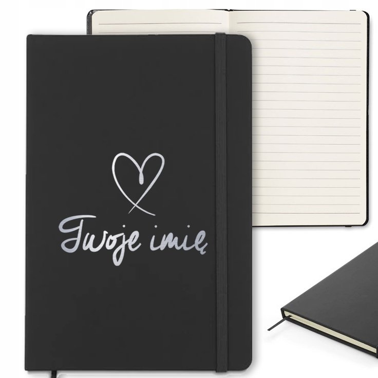 NOTES CZARNY Z GUMKĄ A5 W LINIE PERSONALIZACJA TWOJE IMIĘ SERDUSZKO SILVER