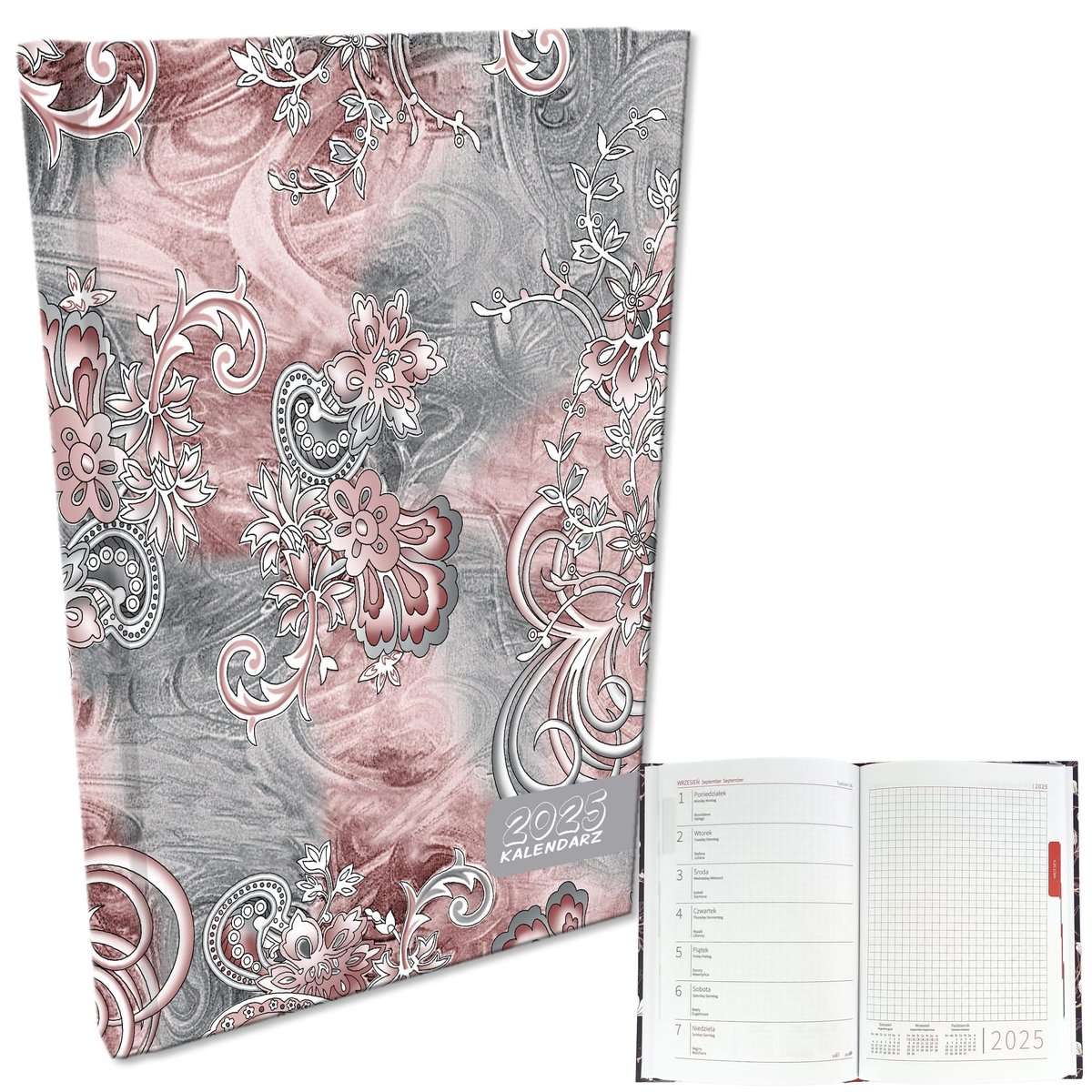 Kalendarz 2025 książkowy tygodniowy A5 notatka soft touch PAISLEY SZARE