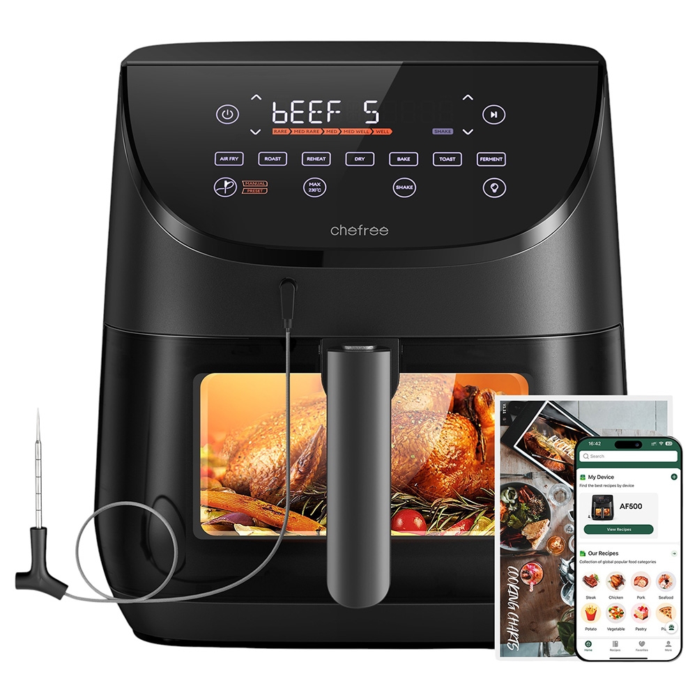 CHEFREE AF500 1700W 6 5L Air Fryer with Smart Probe Thermometer 8-in-1 Cooking Modes Rapid 230℃ Heating Shake Reminder