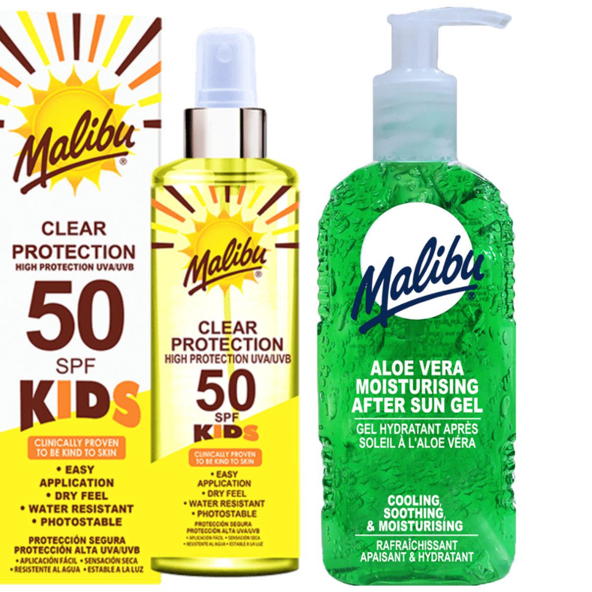 Malibu Bezbarwny Spray Dla Dzieci SPF50 250ml + Aloe Żel Po Opalaniu 200ml