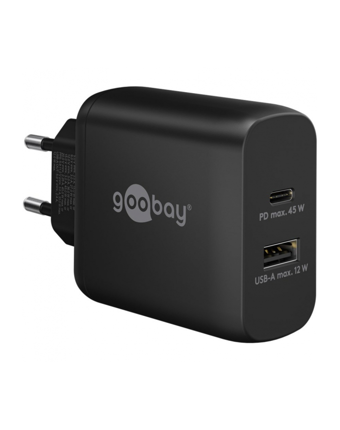 goobay USB-C PD dual fast charger 45 watts Kolor: CZARNY, 1x USB-A, 1x USB-C PD, GaN technology 65411