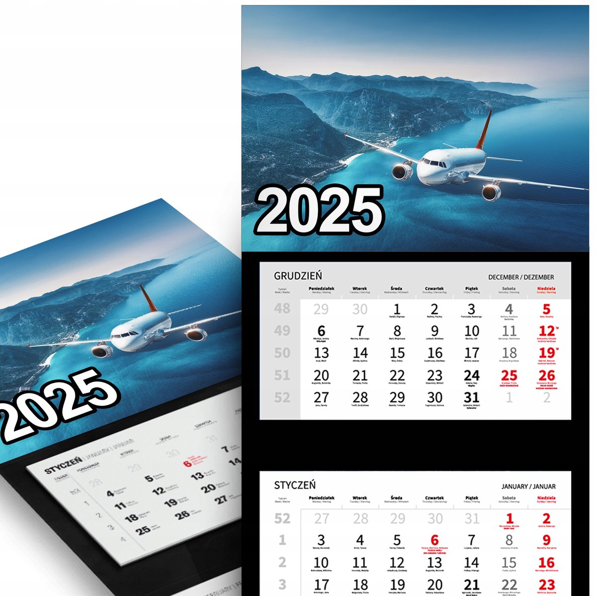 KALENDARZ 2025 TRÓJDZIELNY ŚCIENNY Miesięczny - Samolot na Wakacje Wzory