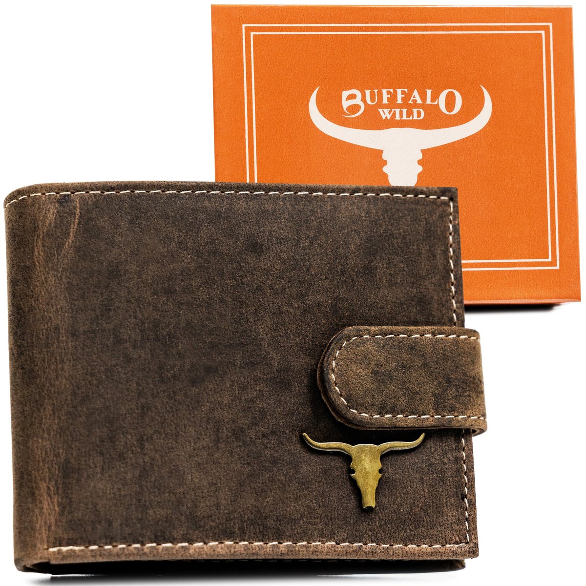 BUFFALO WILD Klasyczny mały poziomy portfel męski ze skóry naturalnej brązowy na zatrzask elegancki prezent na karty ochrona RFID
