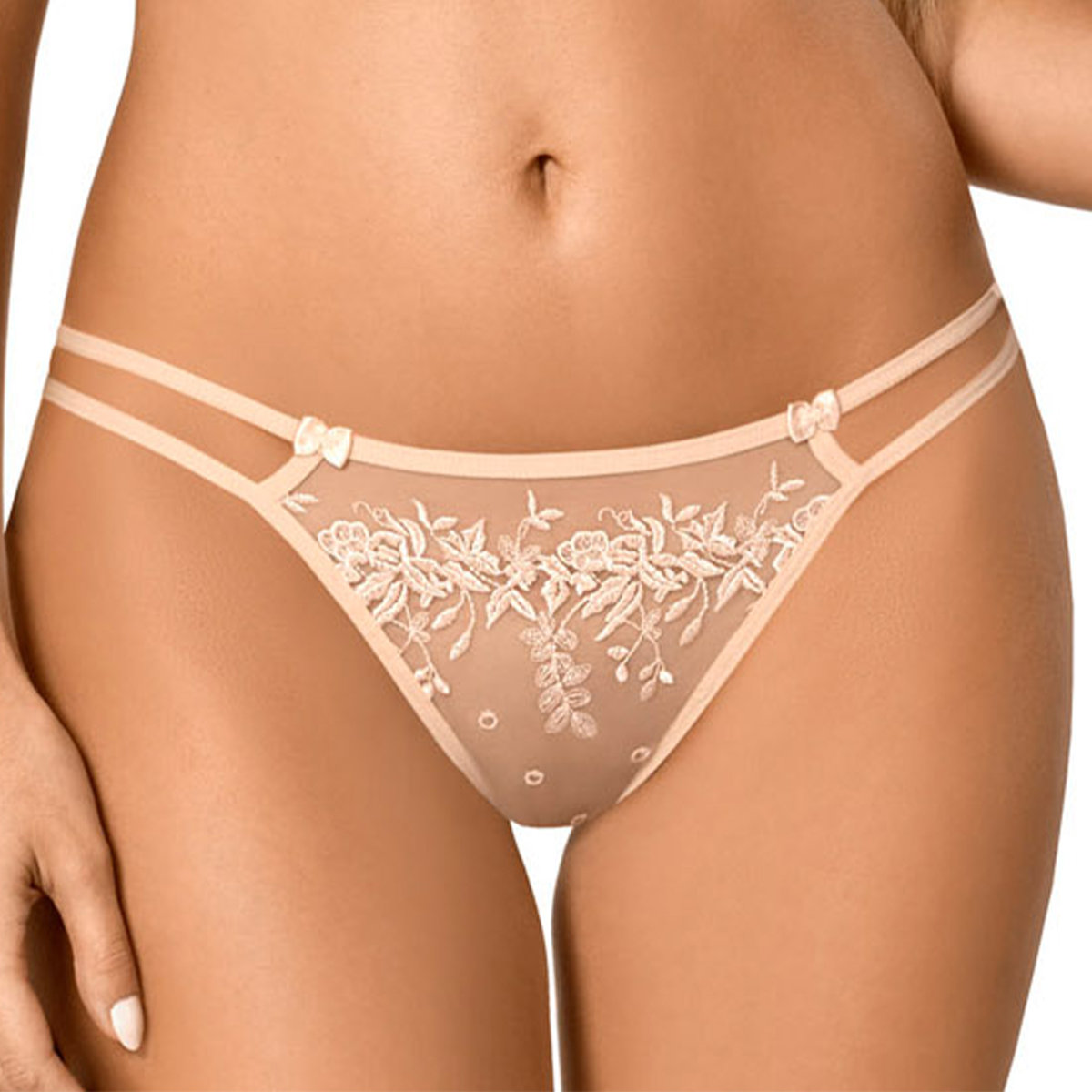 Stringi z Haftem z Ozdobnymi Paseczkami Kuszące Tiulowe Beżowe L