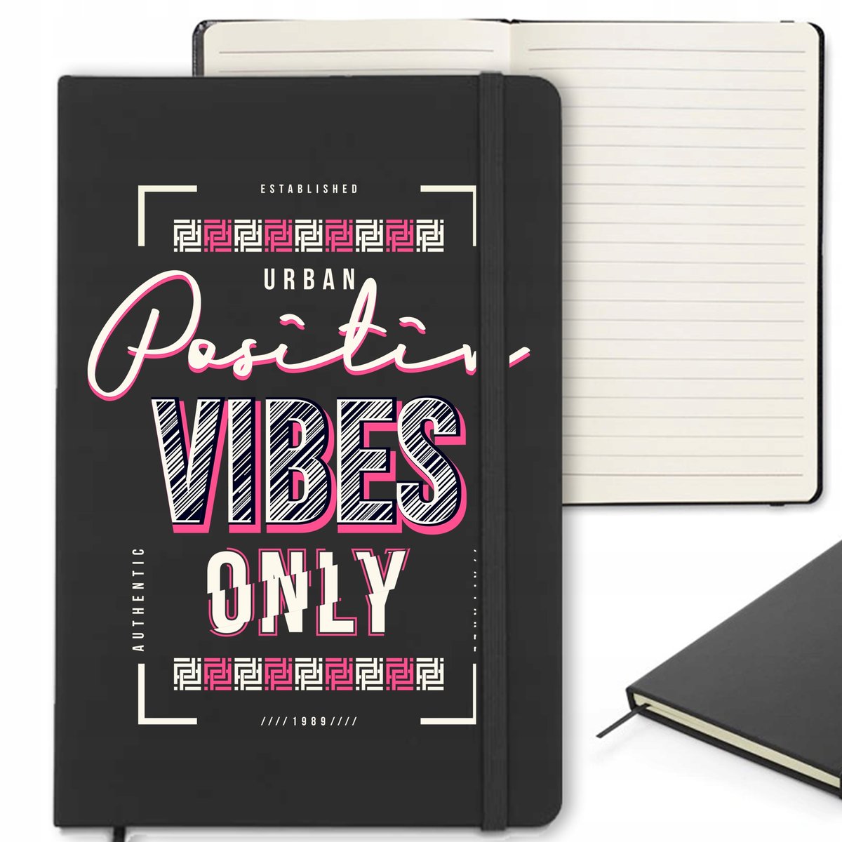 CZARNY NOTES 120 stron Z Gumką Zakładką POSITIVE VIBES Ciekawe Wzory
