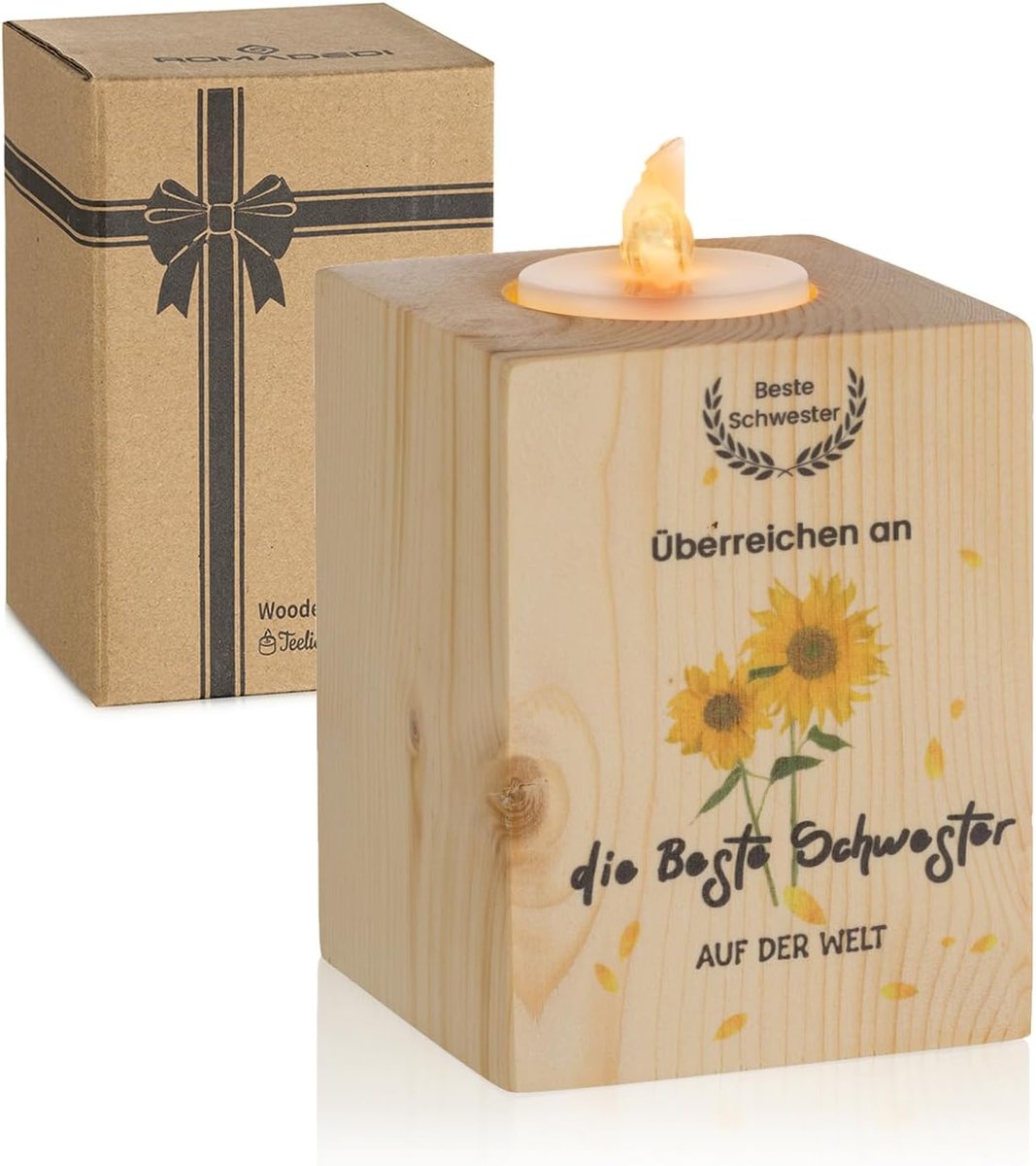 Romadedi Drewniany Świecznik Prezent Dla Najlepszej Siostry 7x7x9 cm