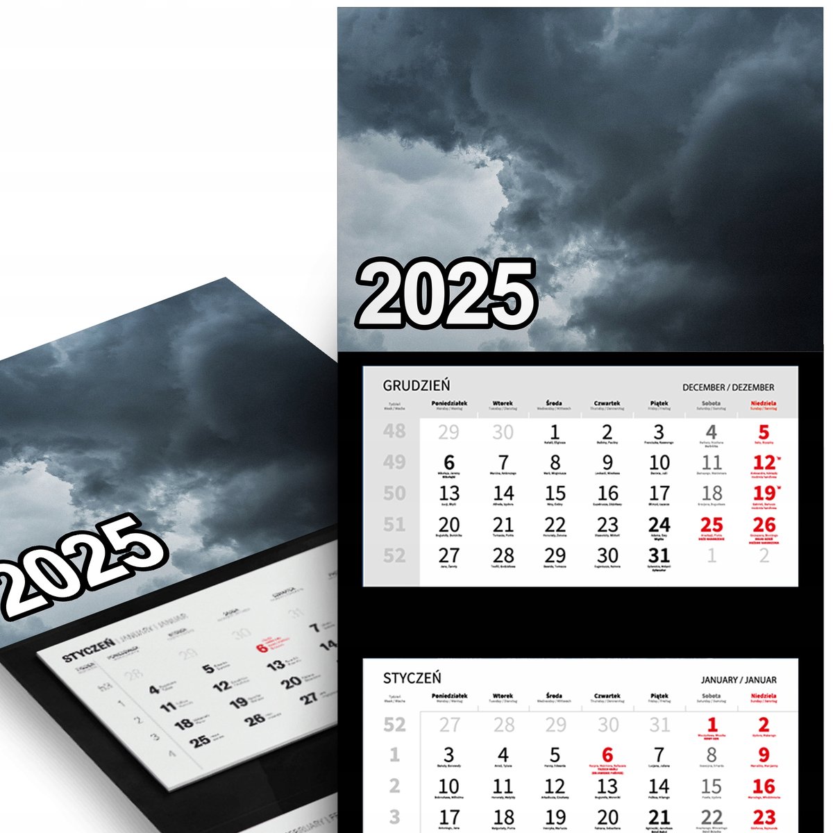 KALENDARZ TRÓJDZIELNY ŚCIENNY 2025 ROK Miesięczny - Deszczowe Chmury Wzory