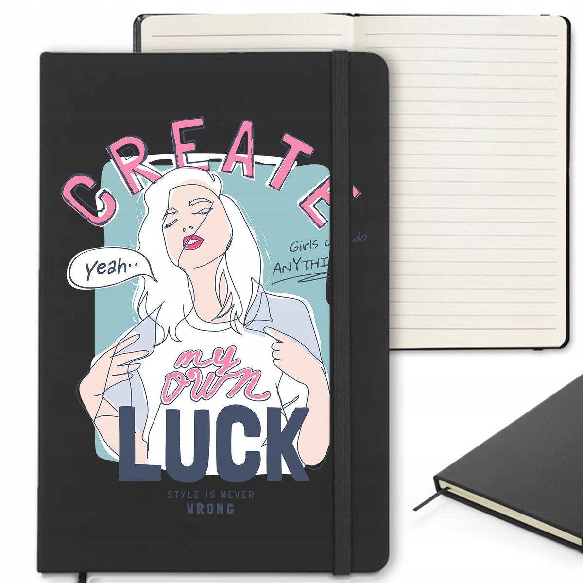 CZARNY NOTES 120 stron Z Gumką Zakładką CREATE LUCK Ciekawe Wzory