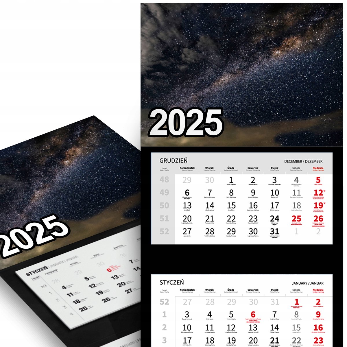 KALENDARZ TRÓJDZIELNY ŚCIENNY 2025 Miesięczny - Ciemne Chmury Burzowe Wzory