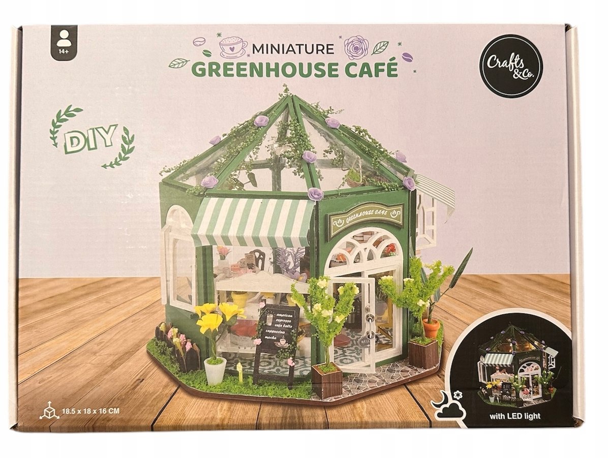 Miniaturowy domek GREENHOUSE CAFE DIY z oświetleniem LED 3D