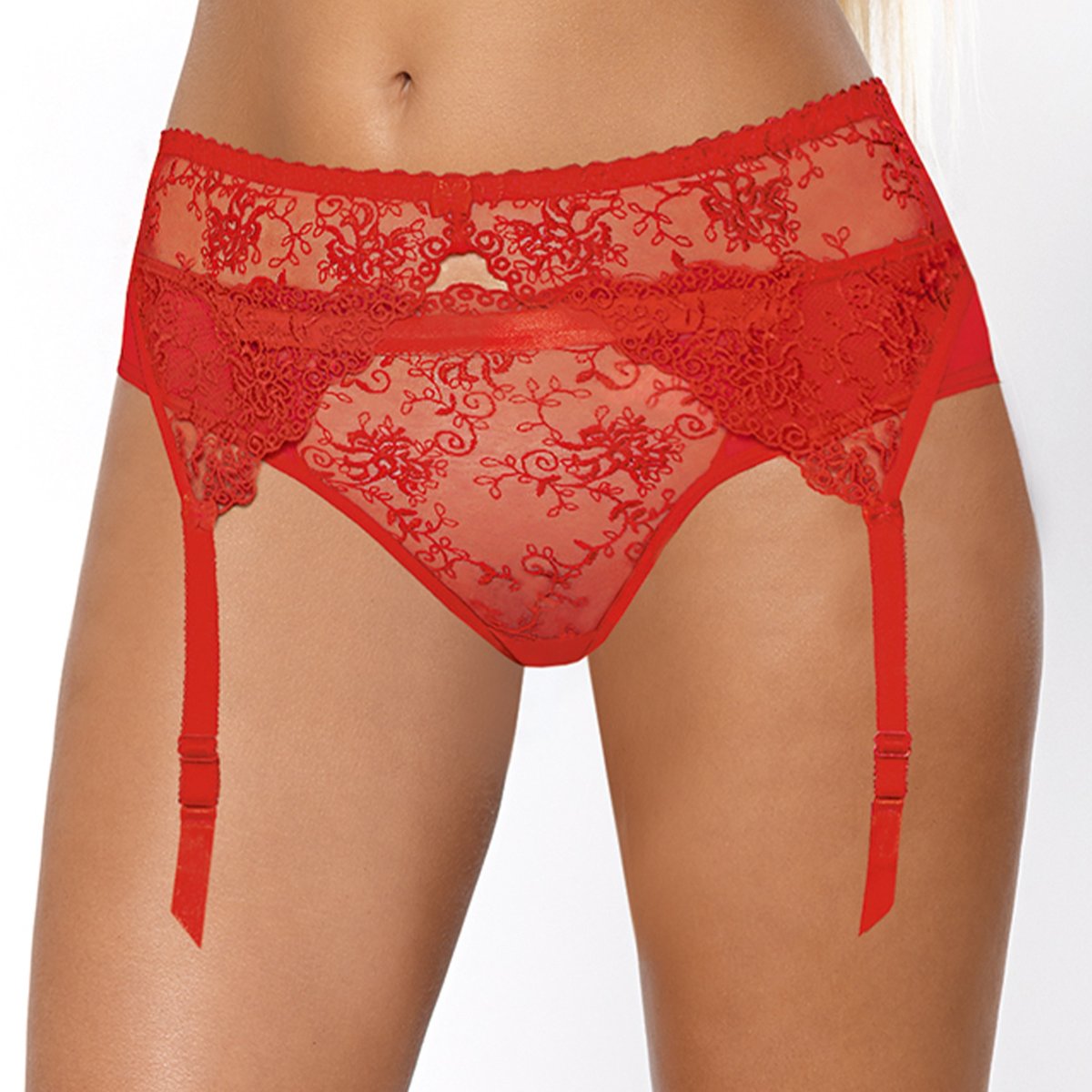 Stringi z Tiulem Haftowane Jakość Premium Seksowne Zmysłowe Czerwone XXL