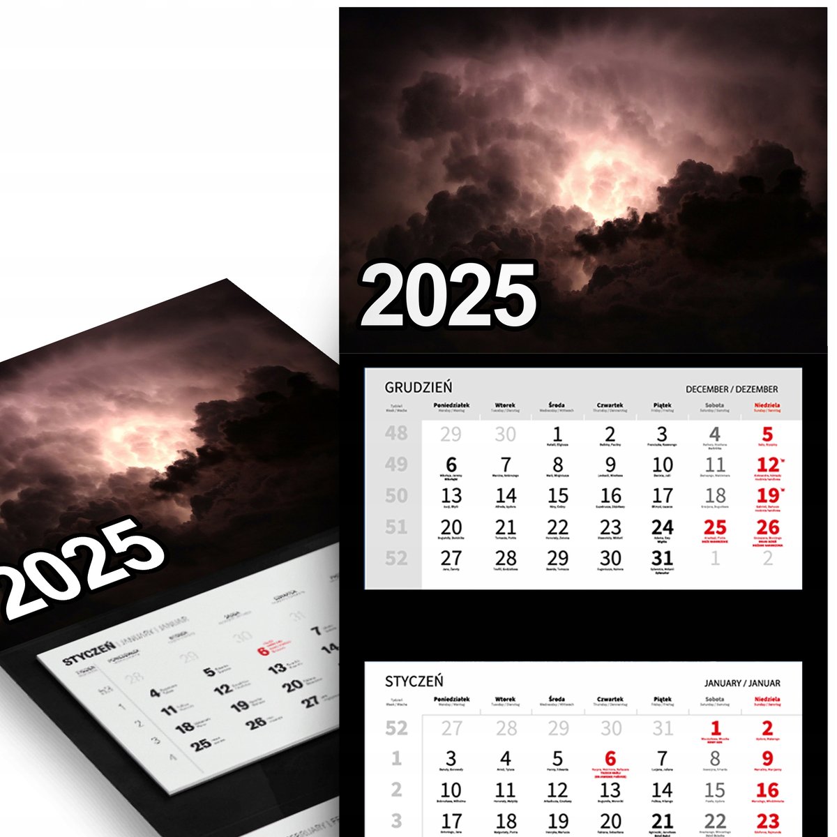 KALENDARZ TRÓJDZIELNY ŚCIENNY 2025 Miesięczny - Burzowe Chmury Wiele Wzorów