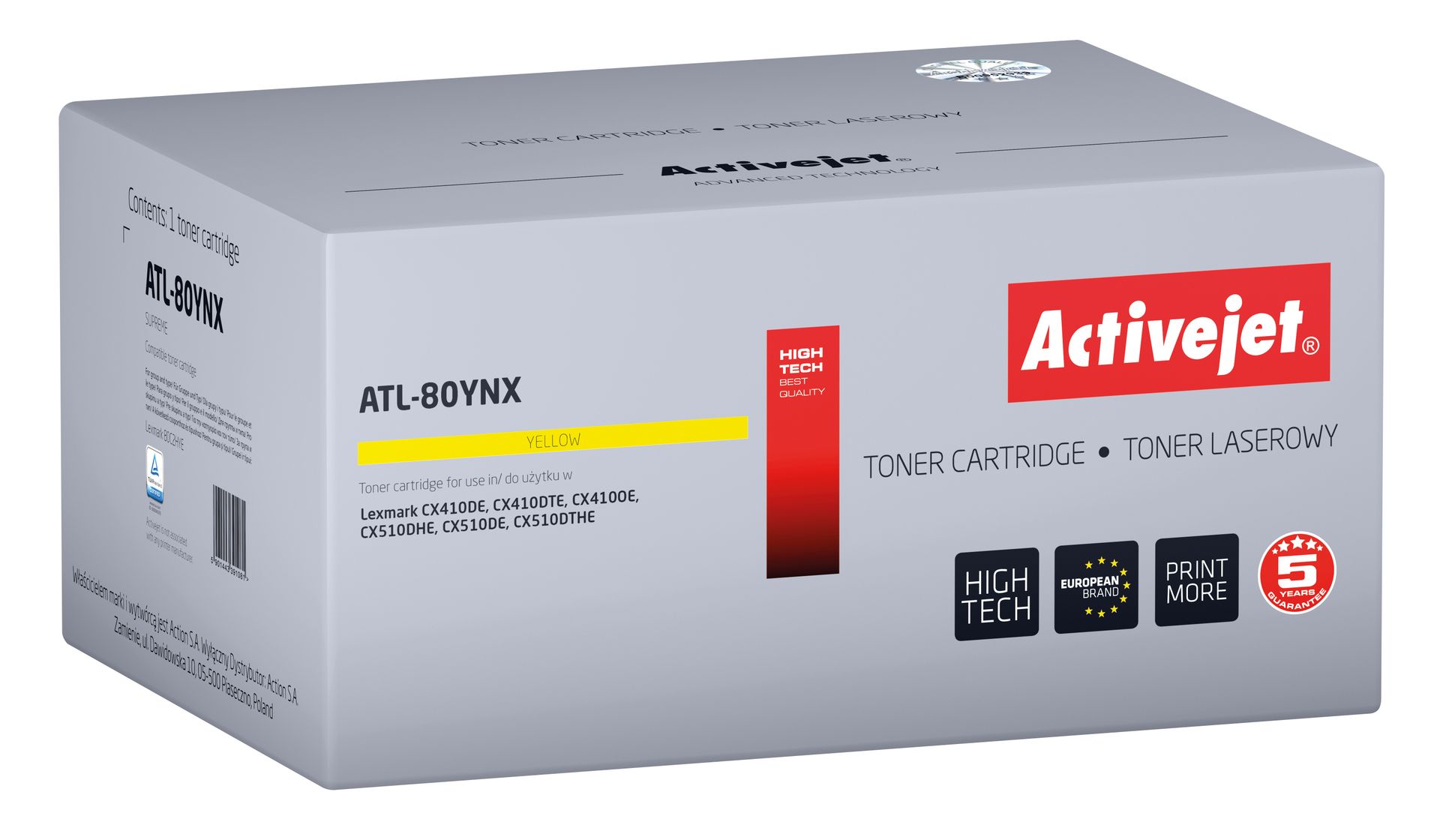 Activejet toner ATL-80YNX do Lexmark; Zamiennik Lexmark 80C2HYE, Supreme; 3000 stron; żółty)