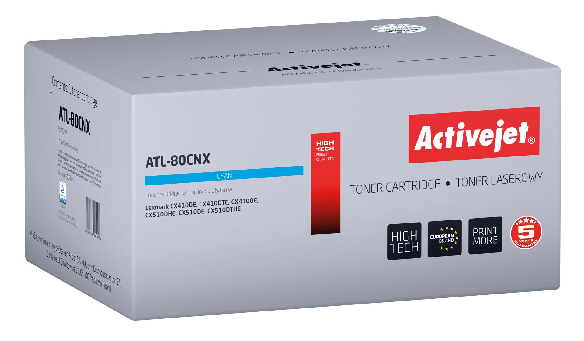 Activejet toner ATL-80CNX do Lexmark; Zamiennik Lexmark 80C2HCE, Supreme; 3000 stron; błękitny)