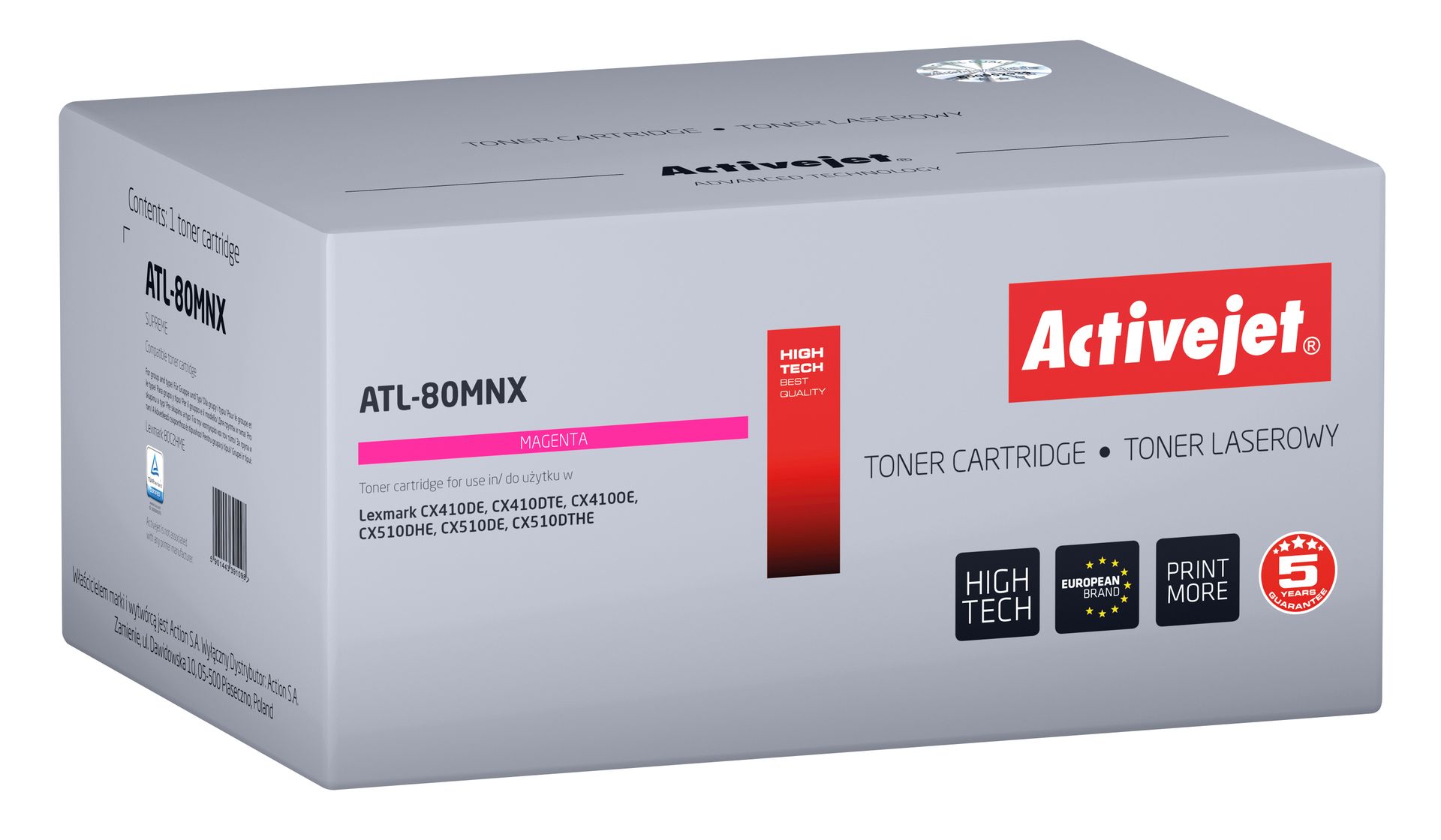 Activejet toner ATL-80MNX do Lexmark; Zamiennik Lexmark 80C2HME, Supreme; 3000 stron; magenta)