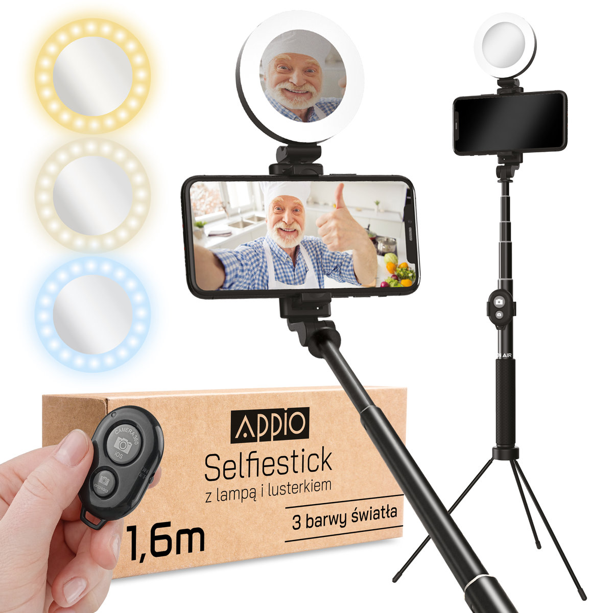 Lampa LED pierścieniowa + statyw kijek teleskopowy do selfie stick pilot