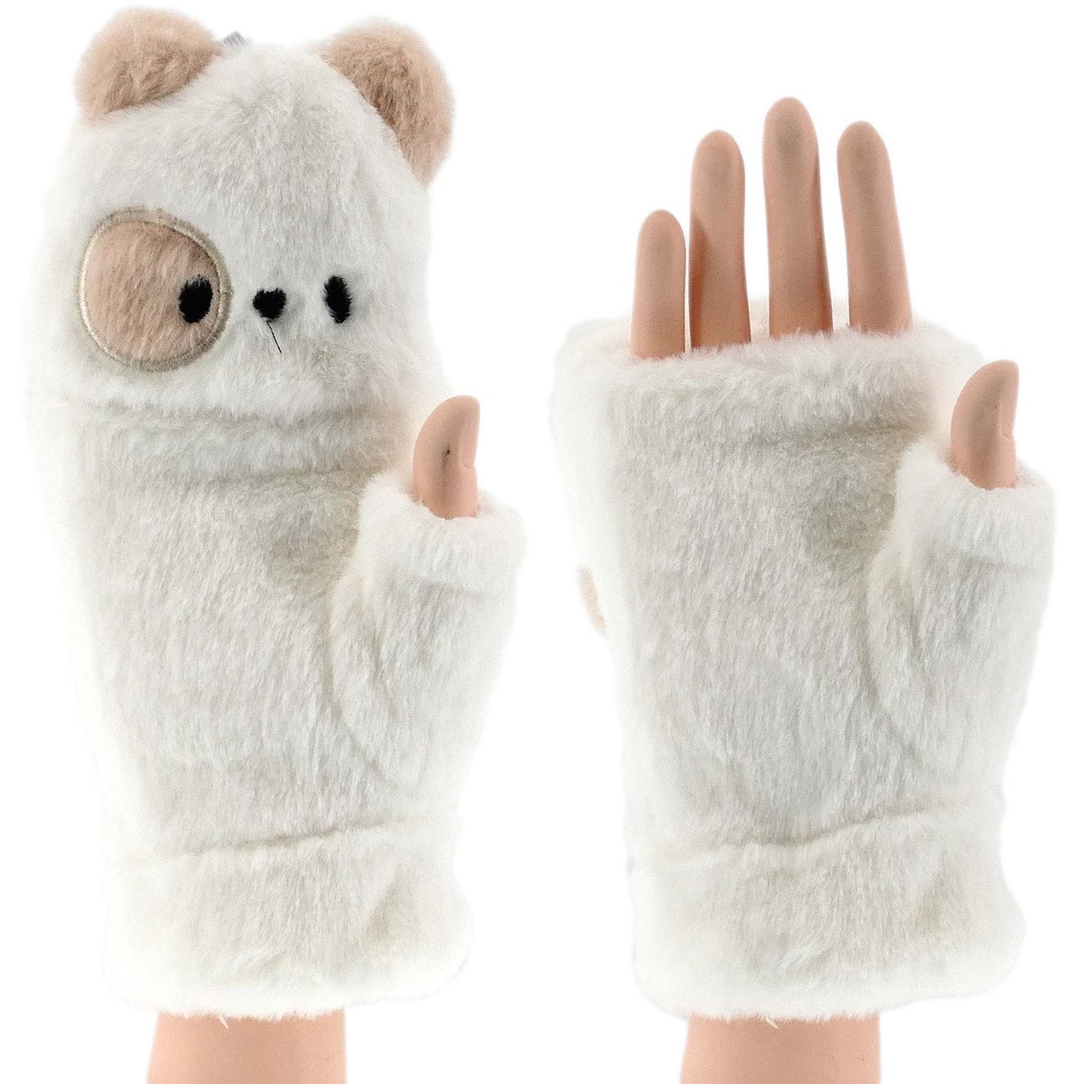 Zimowe Rękawiczki Zabawne Mordki Miś Z Odkrytym Kciukiem Mitenki Białe