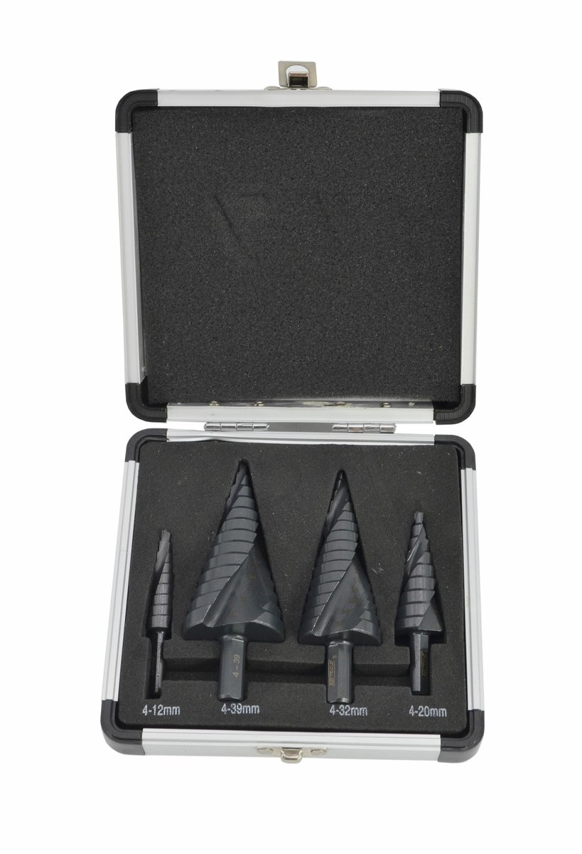 Aw wiertło stopniowe spiralne kpl. 4szt./ 4-12 4-20 4-32 4-39mm/ aicrn/ czarne/ etui plastik.