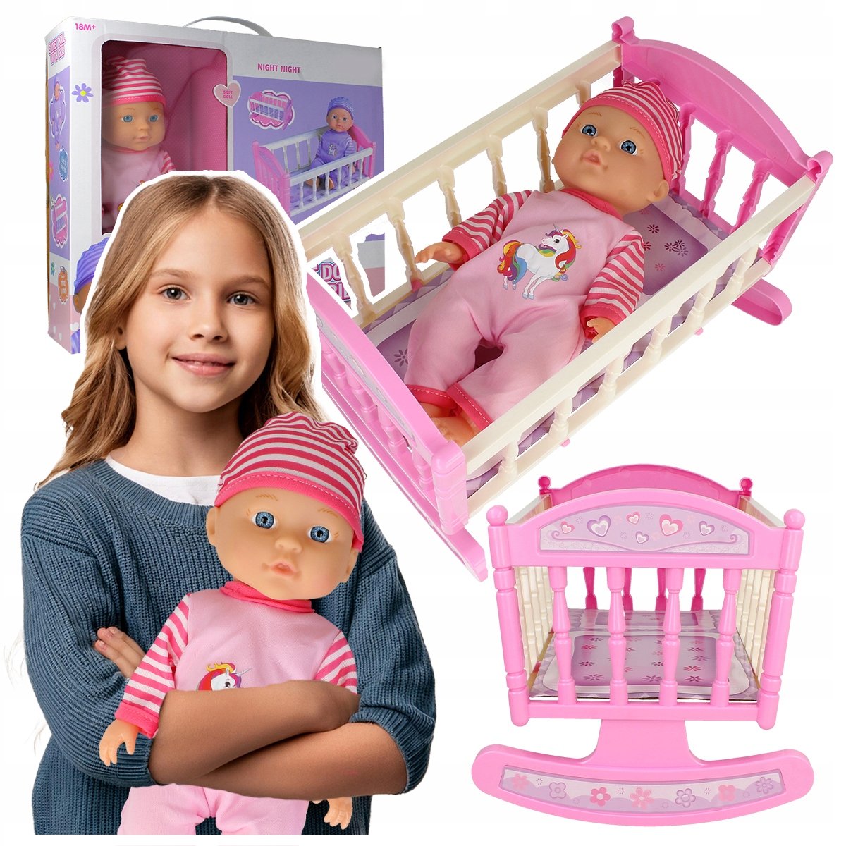 LALKA BOBAS W UBRANKU + CZAPECZKA + KOŁYSKA ŁÓŻECZKO DLA LALKI PREZENT Z2114