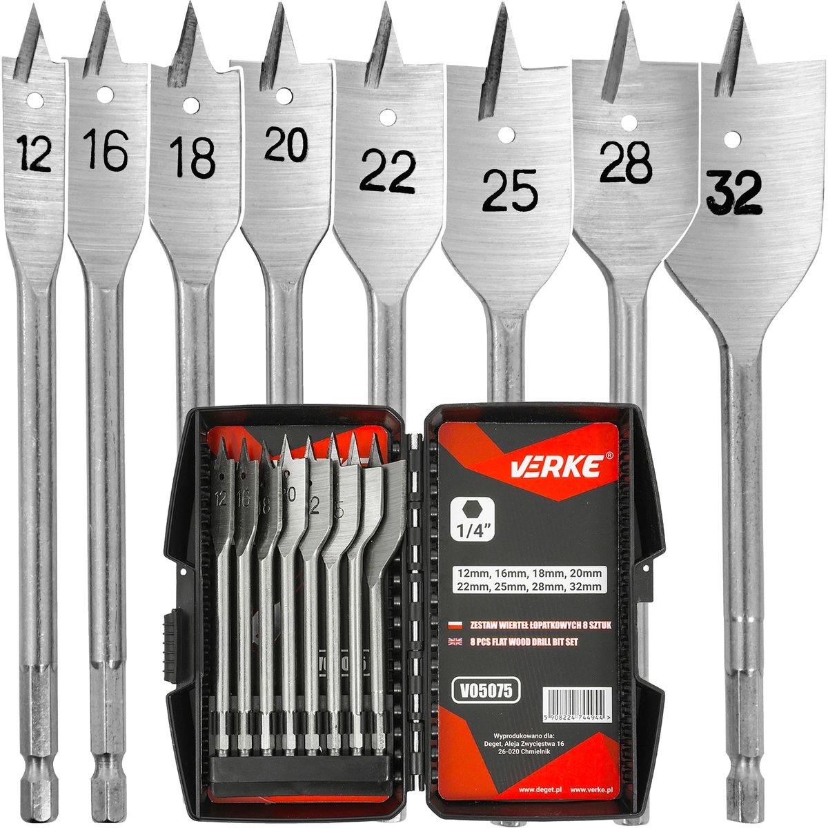 WIERTŁA V05075 ZESTAW WIERTEŁ ŁOPATKOWYCH 8 SZT. 12-32 mm, 8 SZT. VERKE