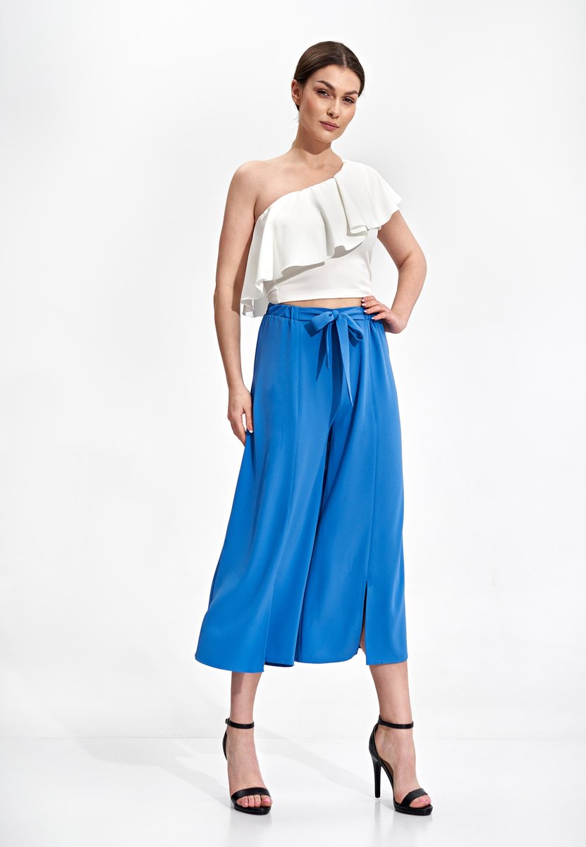 ELEGANCKIE spodnie damskie DZWONY 7/8 z wiązaniem niebieskie XL