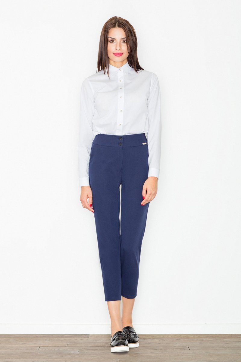 KLASYCZNE spodnie damskie WYGODNE 7/8 Z GUZIKAMI niebieskie S