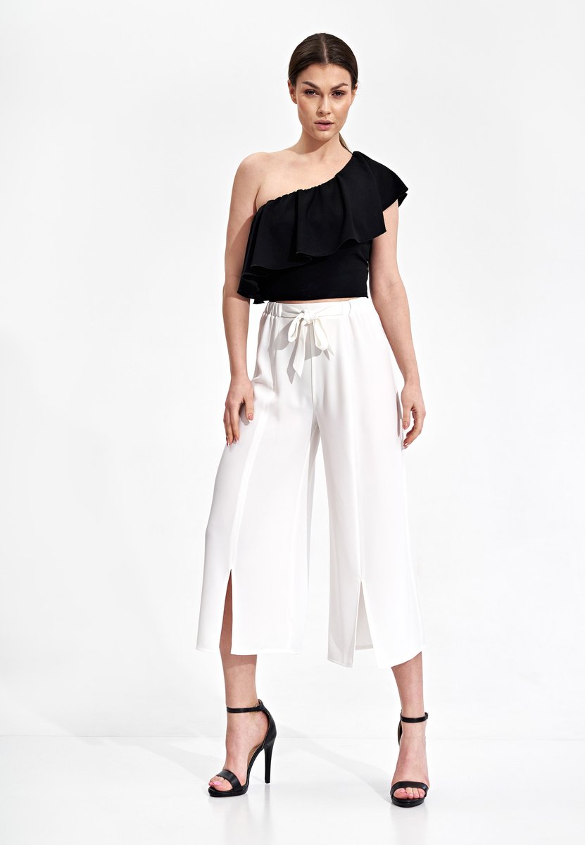 ELEGANCKIE spodnie damskie DZWONY 7/8 z wiązaniem białe XL