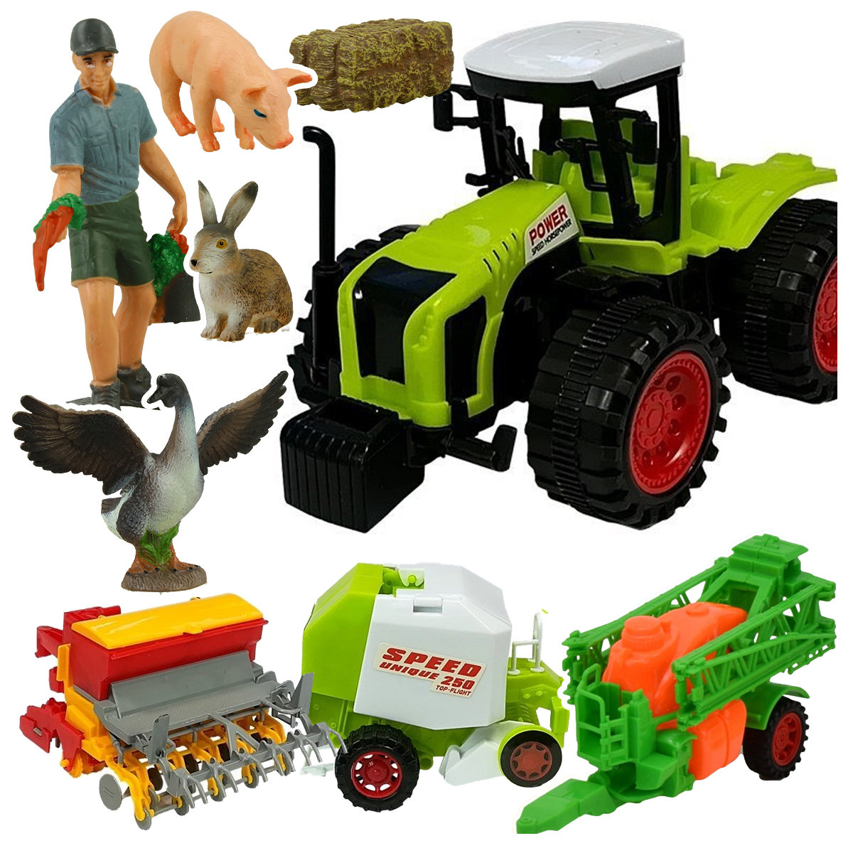 ZESTAW FARMERA TRAKTOR + OPRYSKIWACZ ROŚLIN + PRASA + FIGURKI ZWIERZĄT I FARMERA Z2211MZ