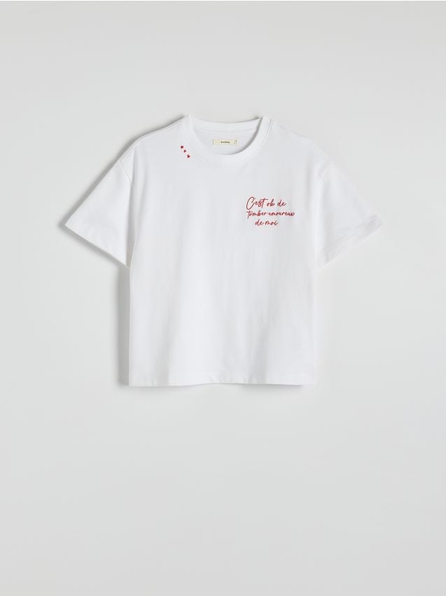 Reserved - T-shirt z haftowanym napisem - złamana biel