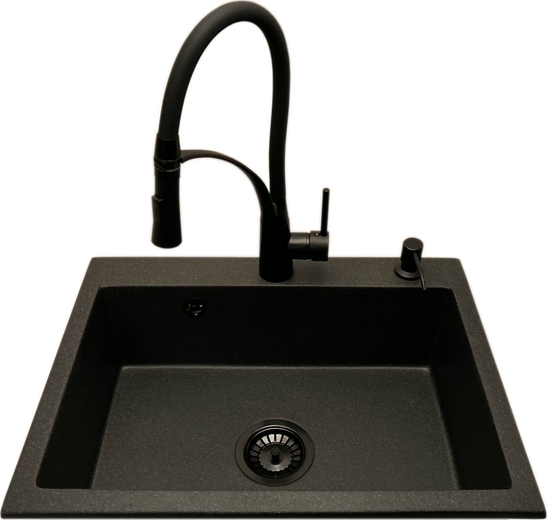 Zlewozmywak PREHNIT Zlewozmywak jednokomorowy ELAN grafit + bateria czarna NEXO + dozownik czarny