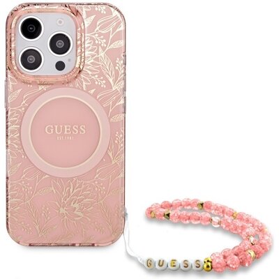 Etui GUESS IML Flowers Allover Electro With Pearl Strap MagSafe do Apple iPhone 16 Pro Różowy