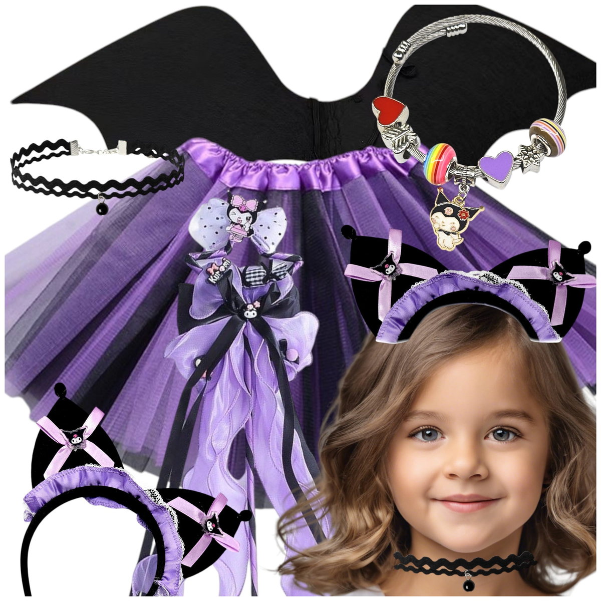 STRÓJ KUROMI SANRIO SKRZYDŁA OPASKA SPÓDNICA BRANSOLETKA RÓŻDŻKA BIŻUTERIA