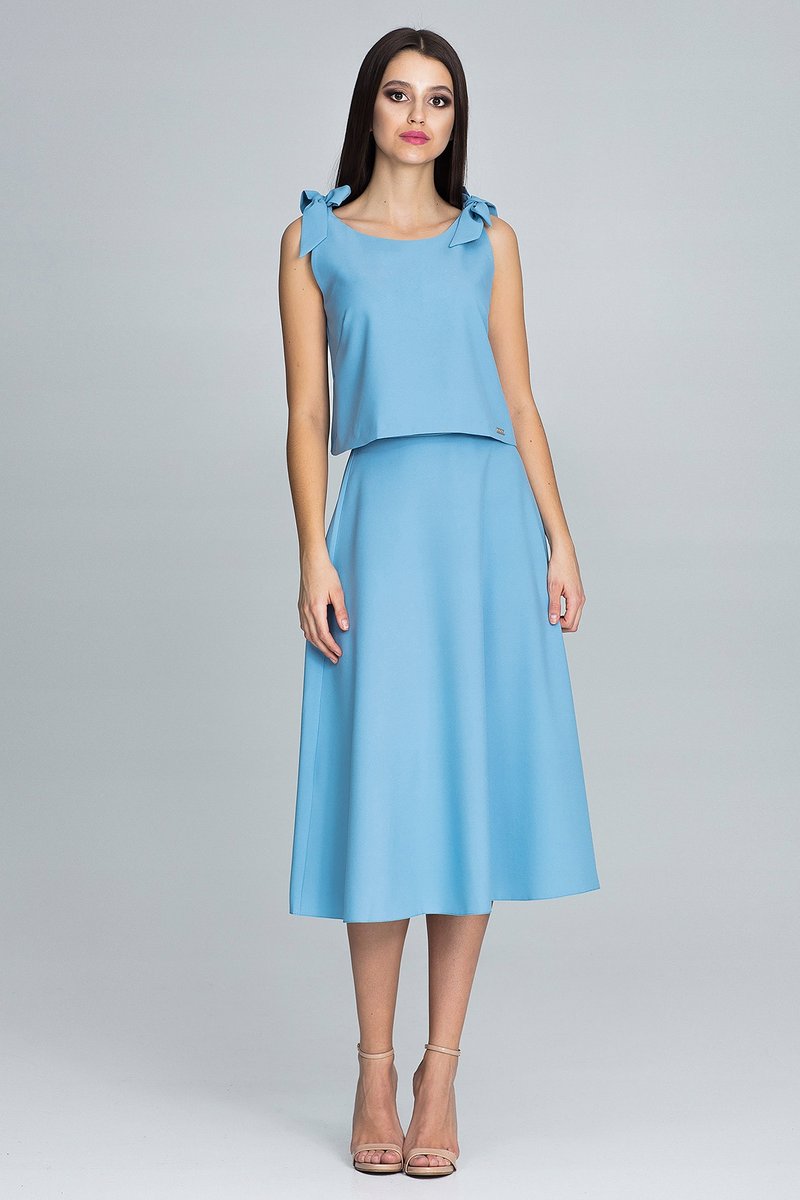 Stylowy KOMPLET damski bluzka z kokardami prosta spódnica niebieski M