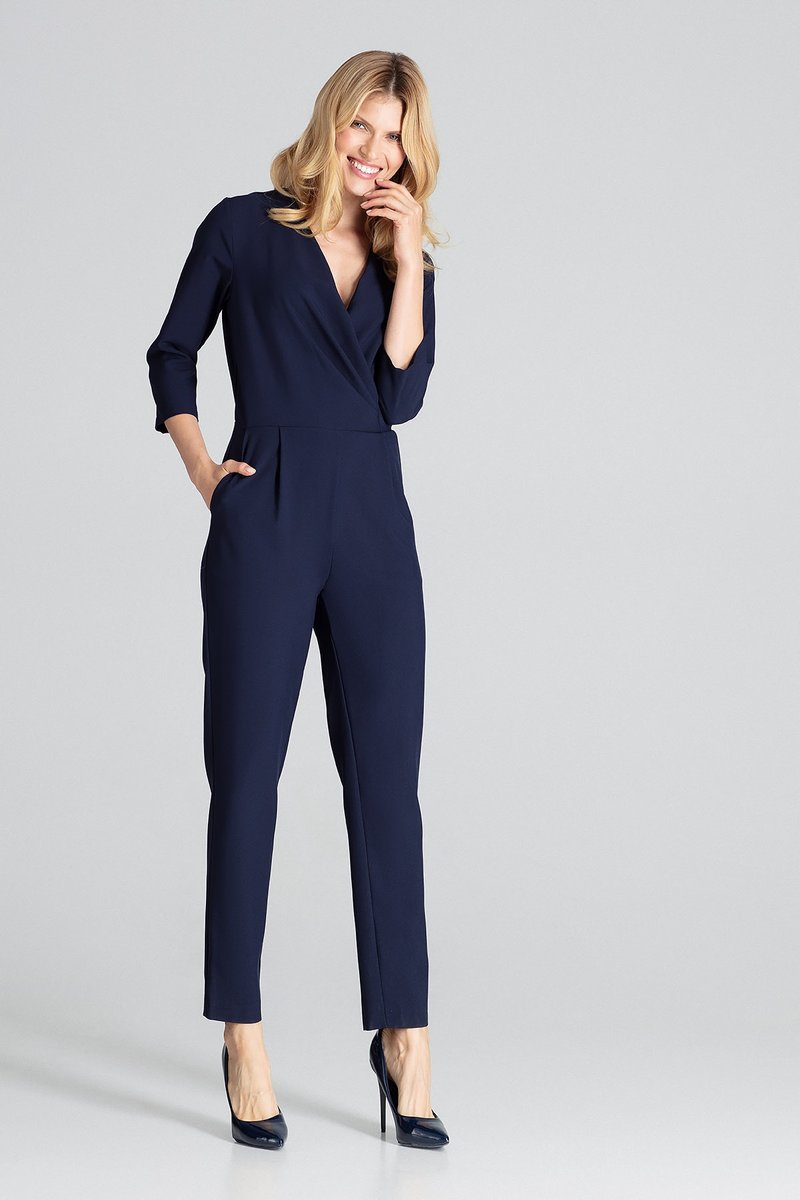 Kopertowy KOMBINEZON z rękawami 3/4 ZAKŁADKI granatowy L