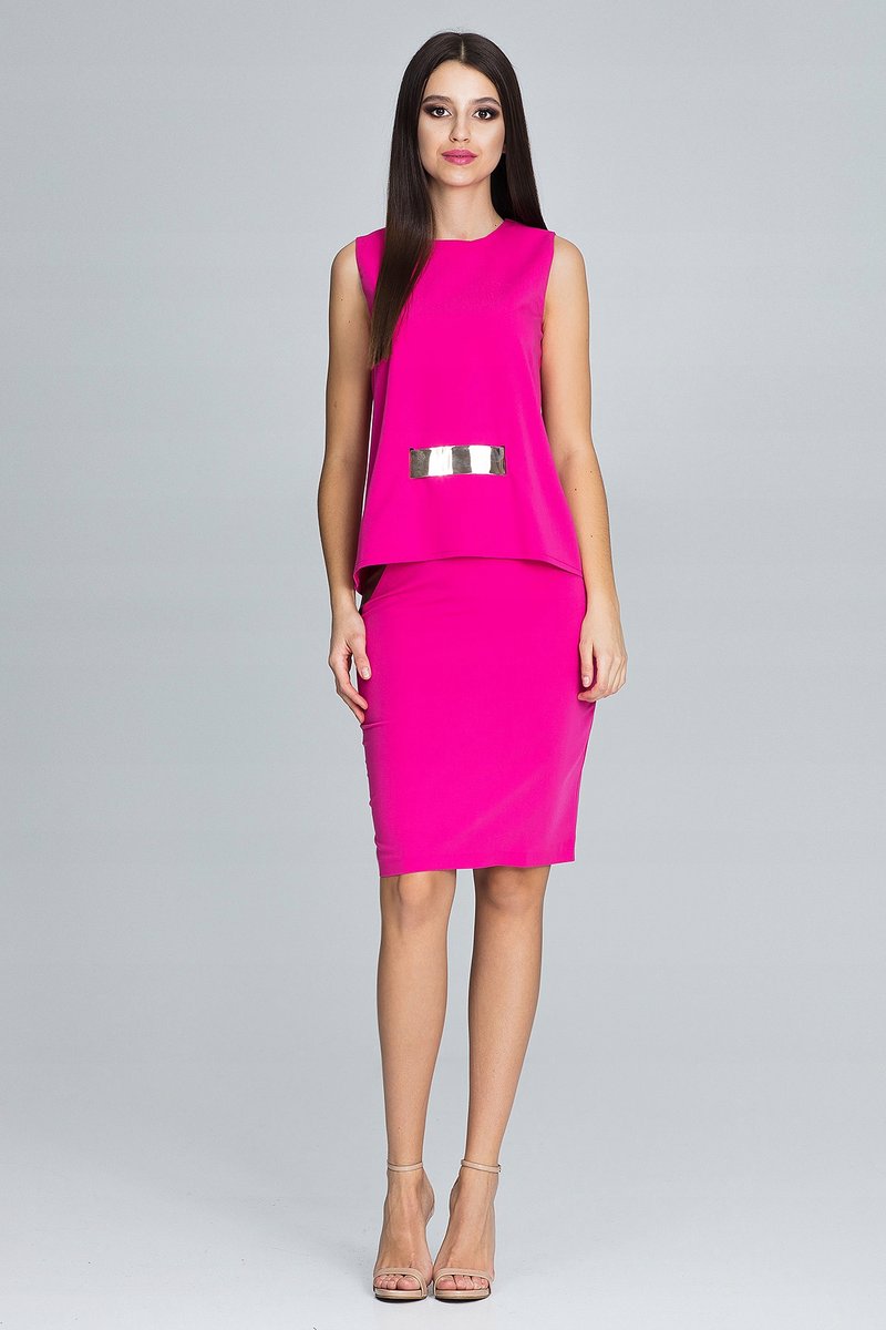 Elegancki Komplet bluzka ze złotą wstawką ołówkowa spódnica różowy S