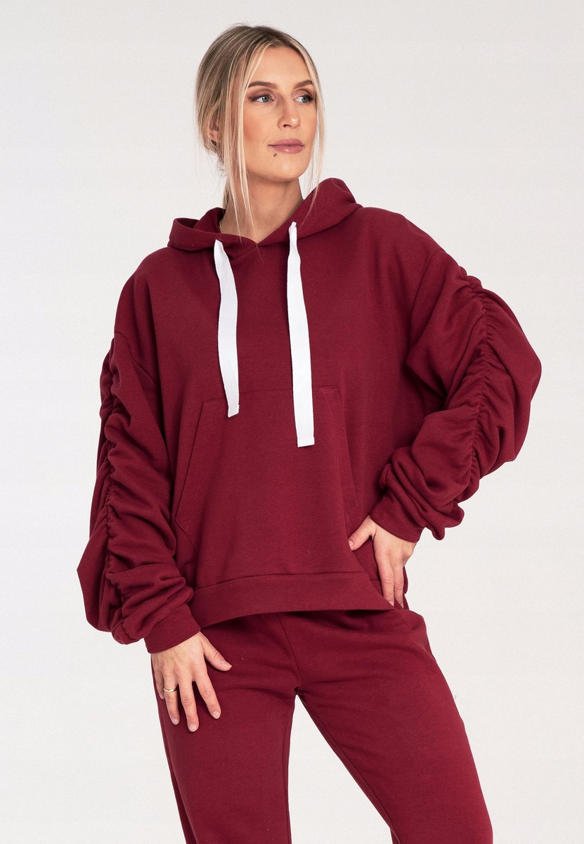 Bluza damska z bufiastymi rekawami i kapturem - bordowa M1055 rozmiar L
