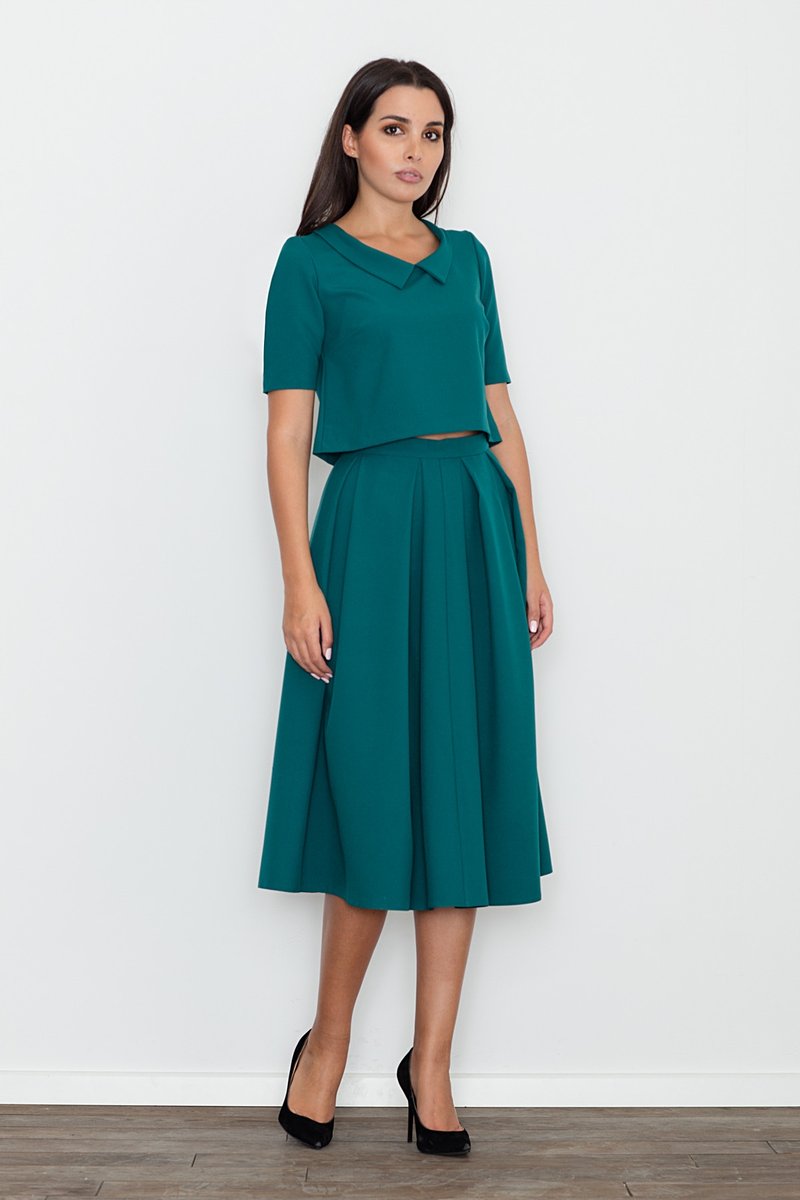 Elegancki KOMPLET bluzka z kołnierzem spódnica z kontrafałdą zielony S