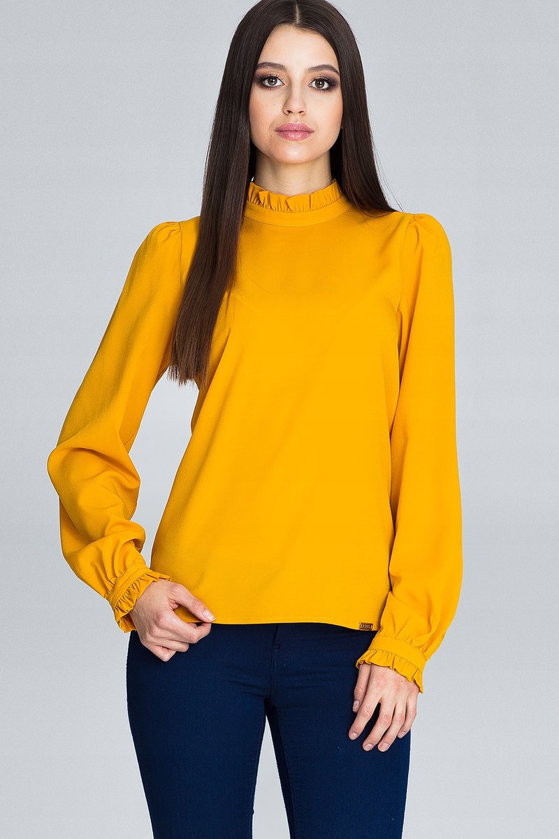 Elegancka BLUZKA z marszczonym rękawem z FALBANKĄ żółta XL