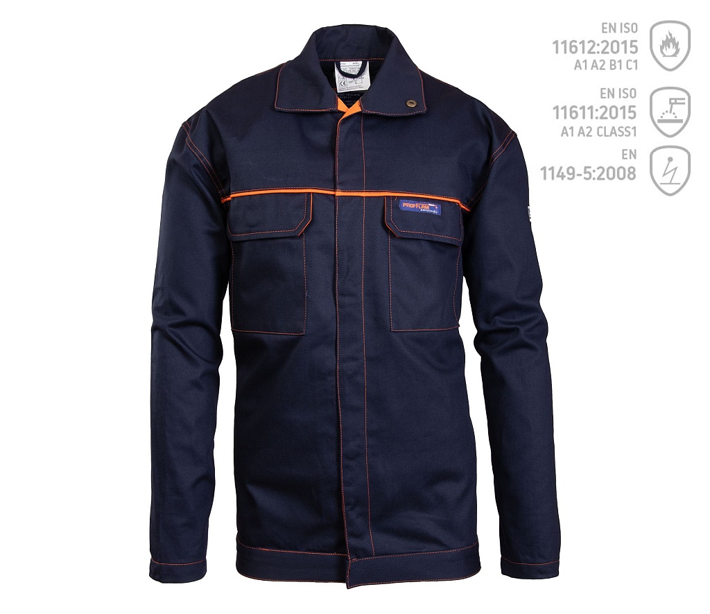 BLUZA OCHRONNA PROFFLAM ANTISTATIC; EN ISO 11612:2015 A1 A2 B1 C1, EN ISO 11611:2015 A1 A2 CLASS 1, EN 1149-5:2008; GRANATOWY