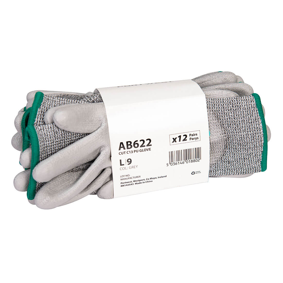 PORTWEST AB622 RĘKAWICE ANTYPRZECIĘCIOWE C POWLEKANE PU - OPAKOWANIE 12 PAR; SZARY