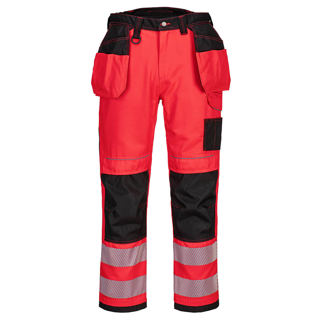 PORTWEST T501 SPODNIE OSTRZEGAWCZE PW3 Z KABURAMI; CZERWONY/CZARNY
