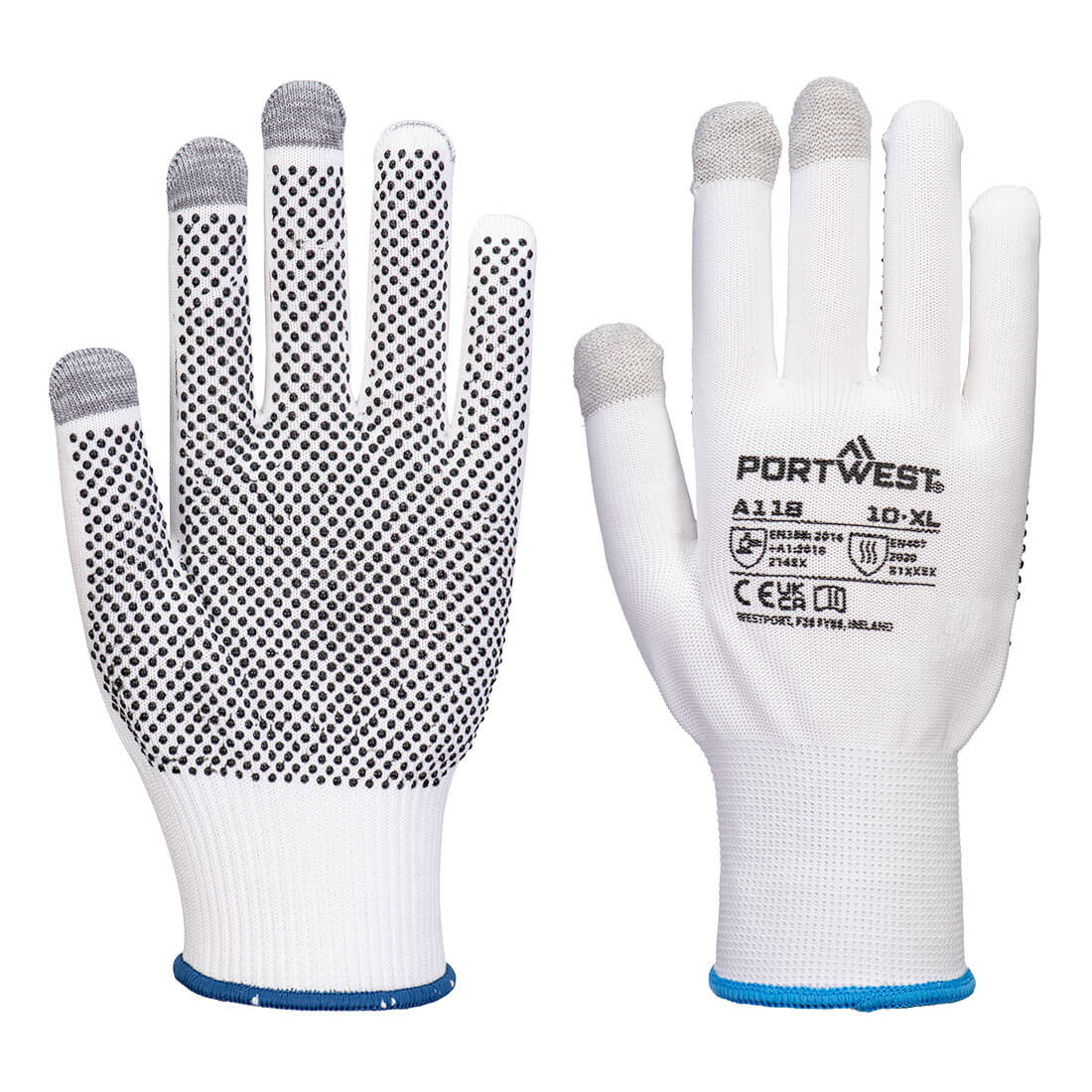 PORTWEST A118 RĘKAWICE DO EKRANÓW DOTYKOWYCH GRIP 13 PVC Z NAKROPIENIEM (PK12); BIAŁY/SZARY