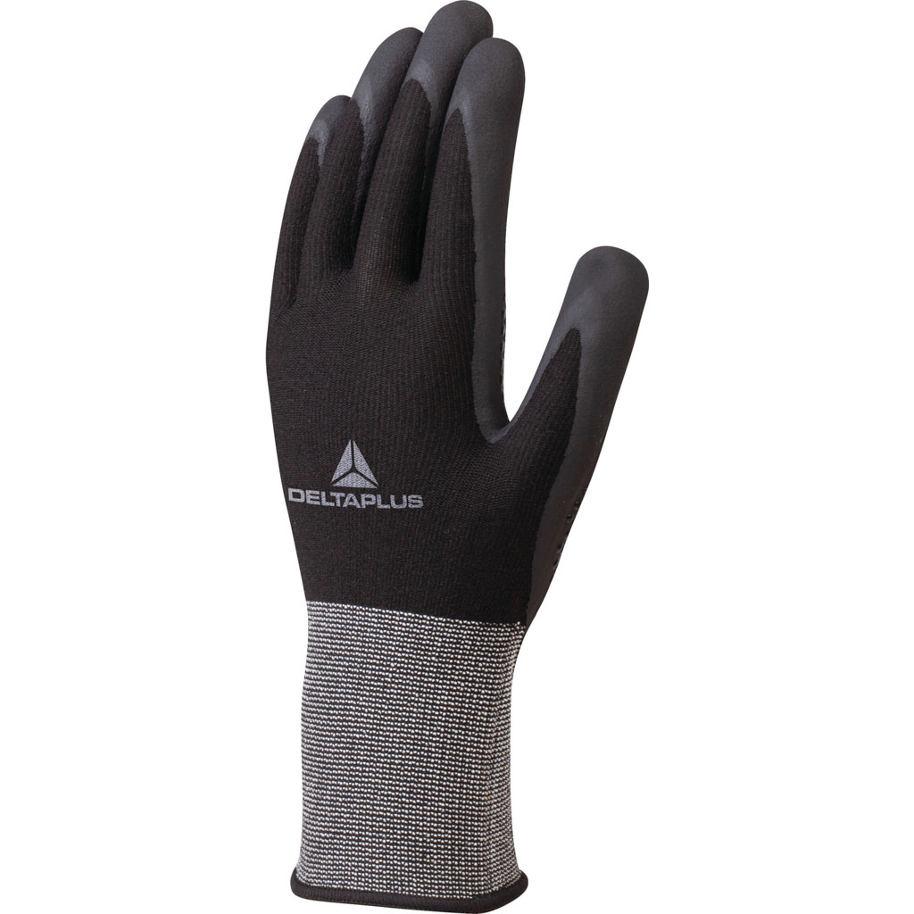 DELTA PLUS VE724NO RĘKAWICE DZIANE Z POLIESTRU SPANDEX®, DŁOŃ NAKRAPIANA KROPKAMI NITRYLOWYMI; CZARNY