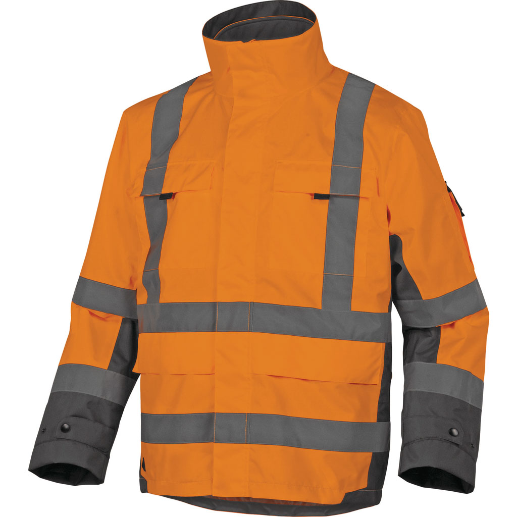 DELTA PLUS TARMAC KURTKA OSTRZEGAWCZA 4 W 1 Z POLIESTRU OXFORD POWLEKANEGO POLIURETANEM, KL. 3, ODPINANA BLUZA Z TKANINY SOFTSHELL Z ODPINANYMI RĘKAWAMI, KL. 2; ?POMARAŃCZOWY FLUO-SZARY