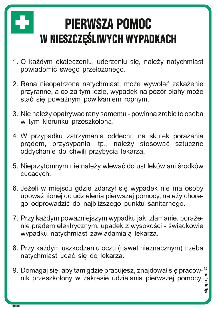 DD002 PIERWSZA POMOC W NIESZCZĘŚLIWYCH WYPADKACH, PN - PŁYTA PCV 1MM; (245X350MM)