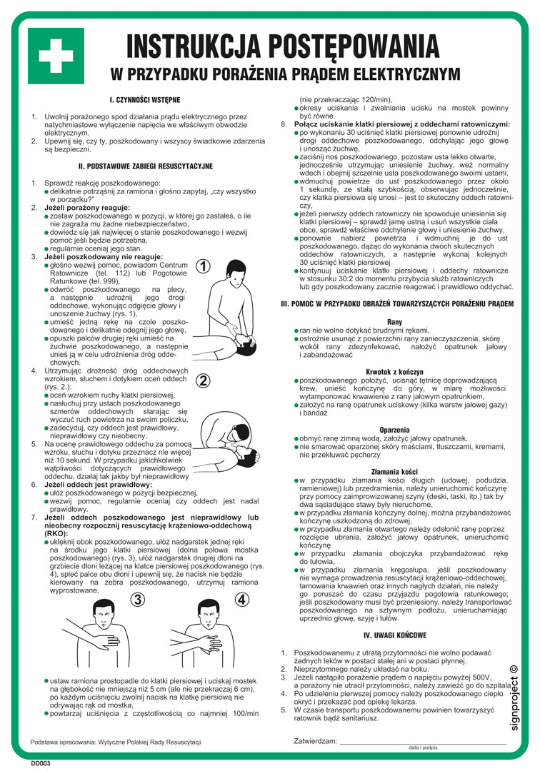 DD003 INSTRUKCJA POSTĘPOWANIA W WYPADKU PORAŻENIA PRĄDEM ELEKTRYCZNYM, FN - FOLIA SAMOPRZYLEPNA; (245X350MM)