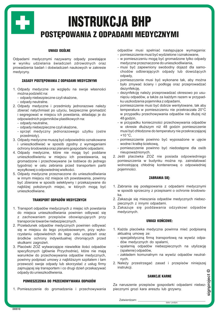 DD010 INSTRUKCJA BHP POSTĘPOWANIA Z ODPADAMI MEDYCZNYMI, HN - PŁYTA ELASTYCZNA 0,4MM; (245X350MM)