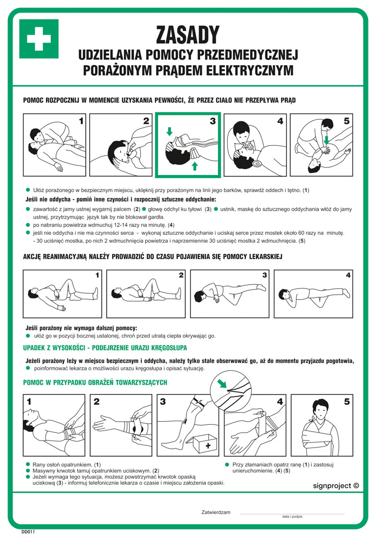 DD011 ZASADY UDZIELANIA POMOCY PRZEDMEDYCZNEJ PORAŻONYM PRĄDEM ELEKTRYCZNY, FN - FOLIA SAMOPRZYLEPNA; (245X350MM)
